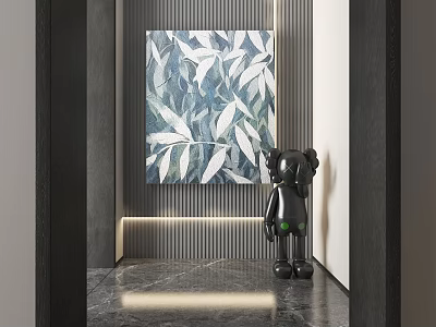 Abstract Painting in Modern Interior with Black Sculpture and Striped Wall Design on Marble Floor 3d model