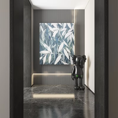 Abstract Painting in Modern Interior with Black Sculpture and Striped Wall Design on Marble Floor 3d model