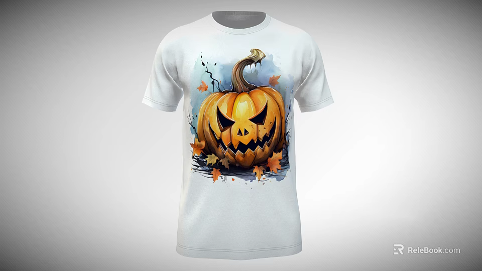 White T-shirt With Scary Pumpkin Print And Fall Leaves For Halloween 3d model 