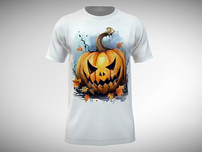 White T-shirt With Scary Pumpkin Print And Fall Leaves For Halloween 3d model