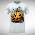 White T-shirt With Scary Pumpkin Print And Fall Leaves For Halloween
