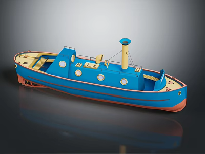 Blue Vintage Water Transport Vessel With Yellow Chimney Round Windows And Deck Seats 3d model