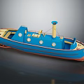 Blue Vintage Water Transport Vessel With Yellow Chimney Round Windows And Deck Seats