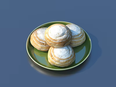 Freshly Baked Puff Pastries Topped With Powdered Sugar On Green Plate 3d model