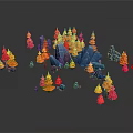Miniature Garden Ornaments With Red Orange Trees And Blue Rocks