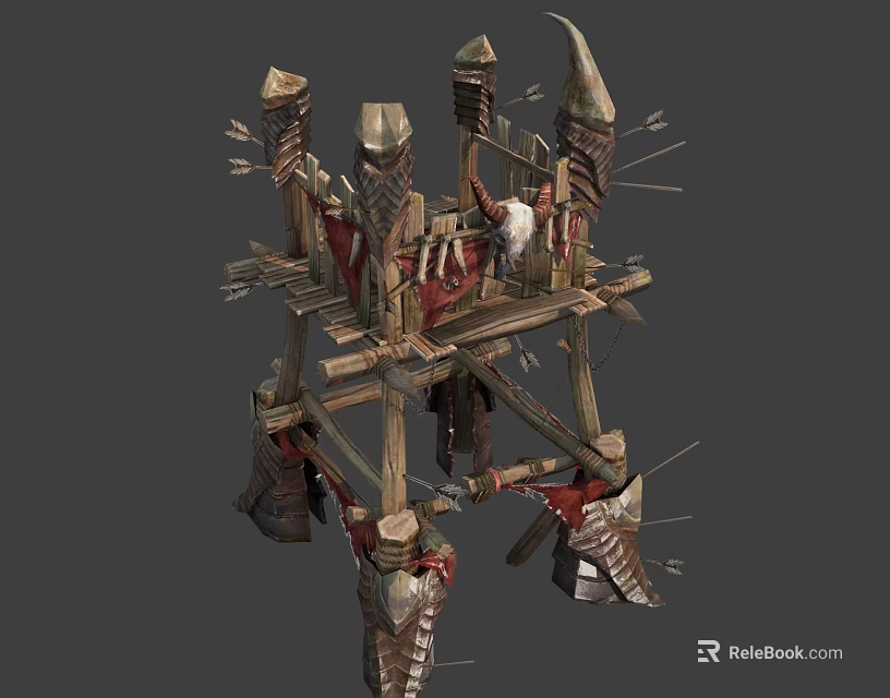 Medieval Wooden Defense Tower with Spiked Tops Arrow Protrusions and Watchtower Structure 3d model