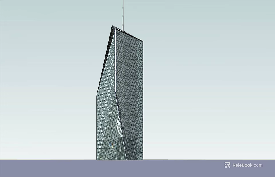 Tall Modern Office Building With Geometric Glass Facade And Sloped Structure 3d model 