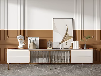 Modern White TV Stand With Brown White Wall And Decorative Painting In Living Room 3d model