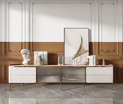 Modern White TV Stand With Brown White Wall And Decorative Painting In Living Room 3d model