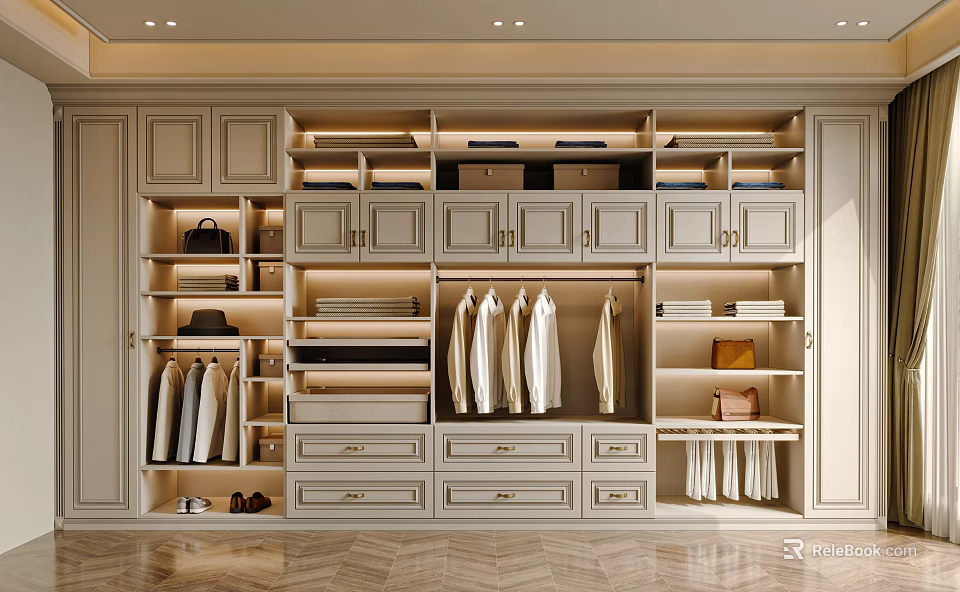 Modern Wardrobe Design With Cabinets Drawers Hanging Rods And Open Shelves 3d model 
