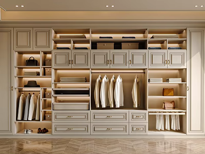 Modern Wardrobe Design With Cabinets Drawers Hanging Rods And Open Shelves 3d model