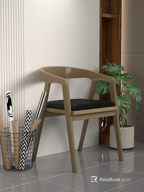 Wooden Frame Accent Chair With Black Cushion Green Plant Decorative Posters And Wire Basket 3d model 
