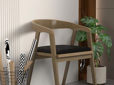 Wooden Frame Accent Chair With Black Cushion Green Plant Decorative Posters And Wire Basket 3d model