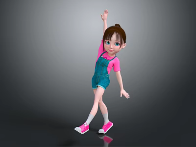 Cute Cartoon Girl Posing in Pink Top Blue Overalls with Stretched Arm on Gray Background 3d model