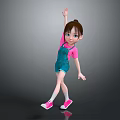 Cute Cartoon Girl Posing in Pink Top Blue Overalls with Stretched Arm on Gray Background