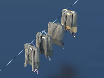 Multiple Light Colored Luggage Hanging On A Rope Against Blue Background 3d model