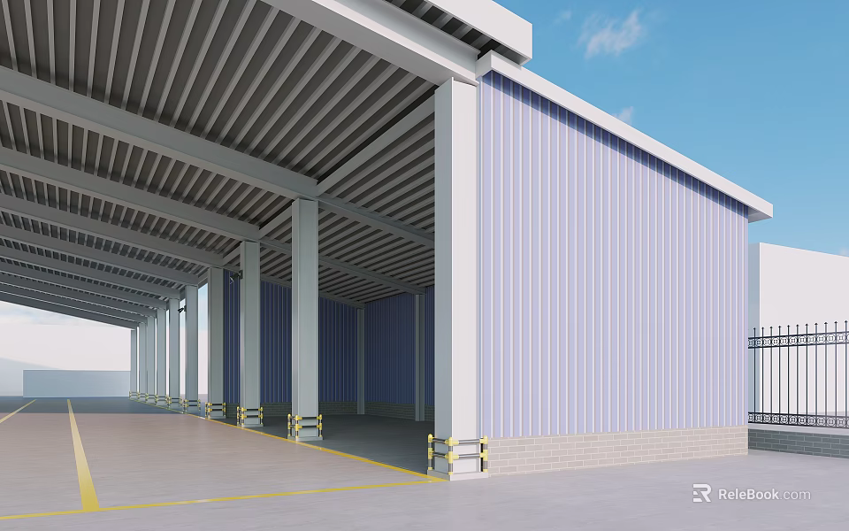 Industrial Warehouse Featuring Metal Roof Structure Supporting Columns Corrugated Panels And Yellow Ground Lines 3d model 