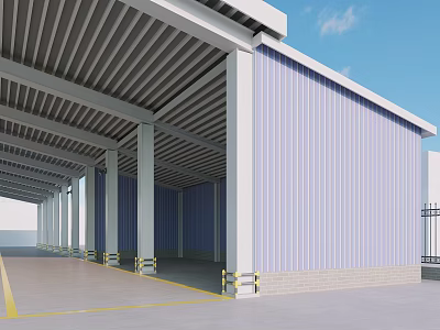 Industrial Warehouse Featuring Metal Roof Structure Supporting Columns Corrugated Panels And Yellow Ground Lines 3d model