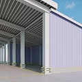 Industrial Warehouse Featuring Metal Roof Structure Supporting Columns Corrugated Panels And Yellow Ground Lines