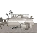 Light Colored Double Bed With Bedding Side Table Plants Woven Chair And Rug