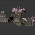 Traditional Japanese House Exterior with Pink Cherry Blossom Green Tree Stone Wall and Path