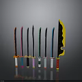 Various Colored Handle Knives With Straight And Serrated Blades Arranged In