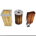 Three Different Styles of Trash Cans with Wooden Texture and Metal Frames