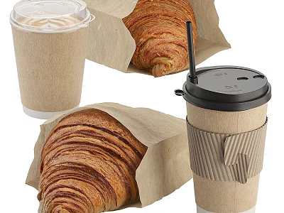 Delicious Freshly Baked Croissants With Paper Wrapping And Takeaway Coffee Cups 3d model