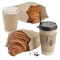 Delicious Freshly Baked Croissants With Paper Wrapping And Takeaway Coffee Cups
