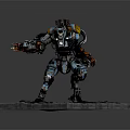 3D Mech Model Standing with Blue Orange Armor and Mechanical Weapon on Rock Base