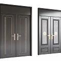 Dark Security Double Doors With Golden Accents Decorative Lines And Glass Panels