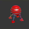 Red Striped Spherical Object With Gray Support Legs And Red Star Shaped Decorations