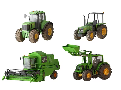 Green Agricultural Utility Vehicles With Two Tractors Harvester And Loader 3d model