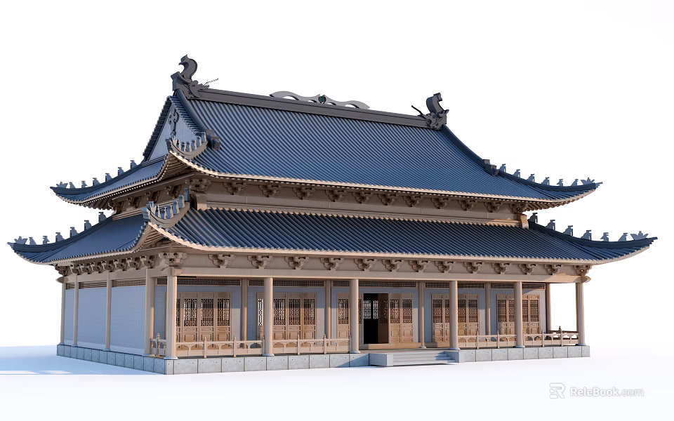 Ancient Chinese Traditional Architecture with Blue Roof Curved Eaves Wooden Brackets and Carvings 3d model 