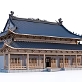 Ancient Chinese Traditional Architecture with Blue Roof Curved Eaves Wooden Brackets and Carvings
