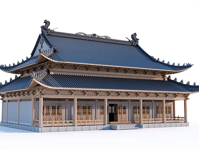 Ancient Chinese Traditional Architecture with Blue Roof Curved Eaves Wooden Brackets and Carvings 3d model