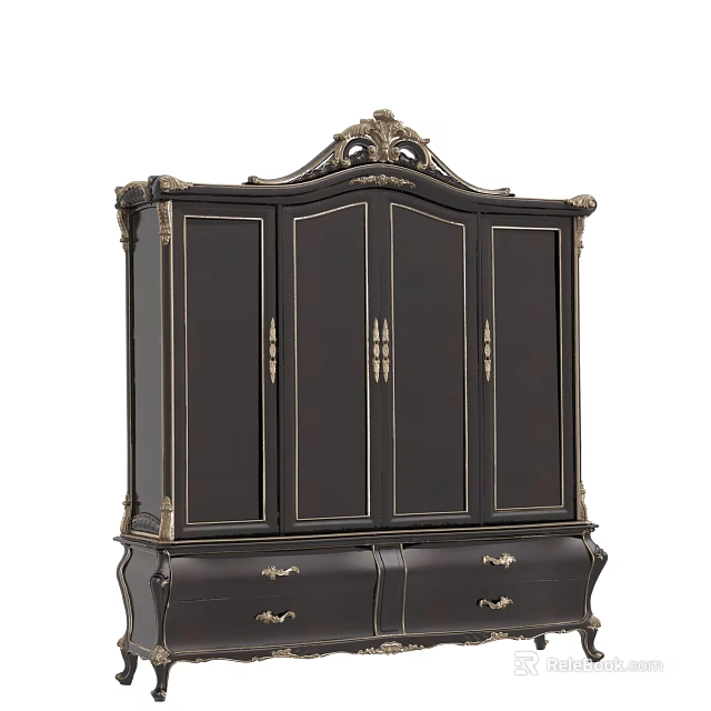 Traditional Dark Colored Wardrobe with Ornate Top Carvings Gold Accents and Bottom Drawers 3d model 