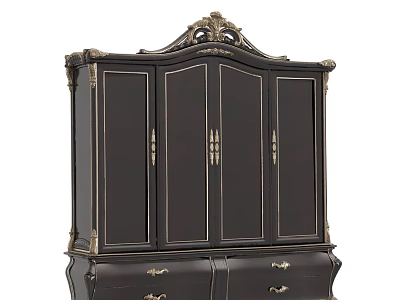 Traditional Dark Colored Wardrobe with Ornate Top Carvings Gold Accents and Bottom Drawers 3d model