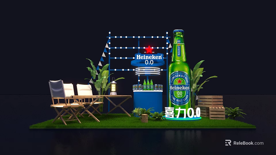 Heineken 0.0 Outdoor Setup Featuring Green Bottle Blue Cooler Chairs And Plants 3d model 