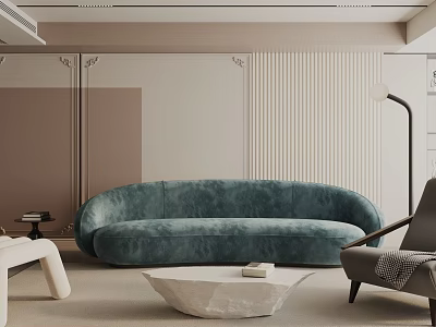 Modern Living Room Interior With Velvet Curved Sofa And Marble Coffee Table 3d model