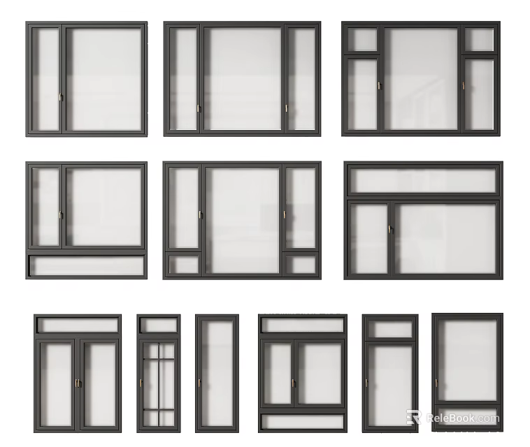 Various Modern Window Designs With Different Frame Styles And Glass Panels 3d model