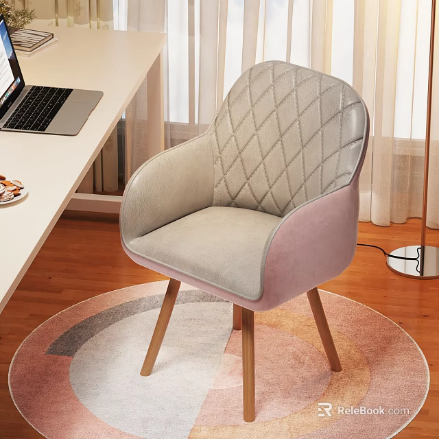 Light Gray And Pink Diamond Tufted Accent Chair With Wooden Legs On Round Rug 3d model 