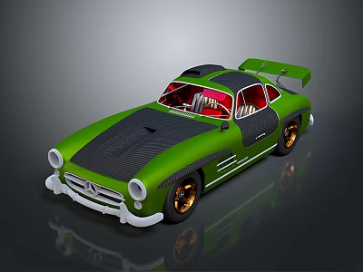 Vintage Green Sports Car With Black Hood Red Interior Gold Wheels And Rear Spoiler 3d model