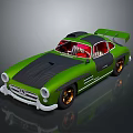 Vintage Green Sports Car With Black Hood Red Interior Gold Wheels And Rear Spoiler