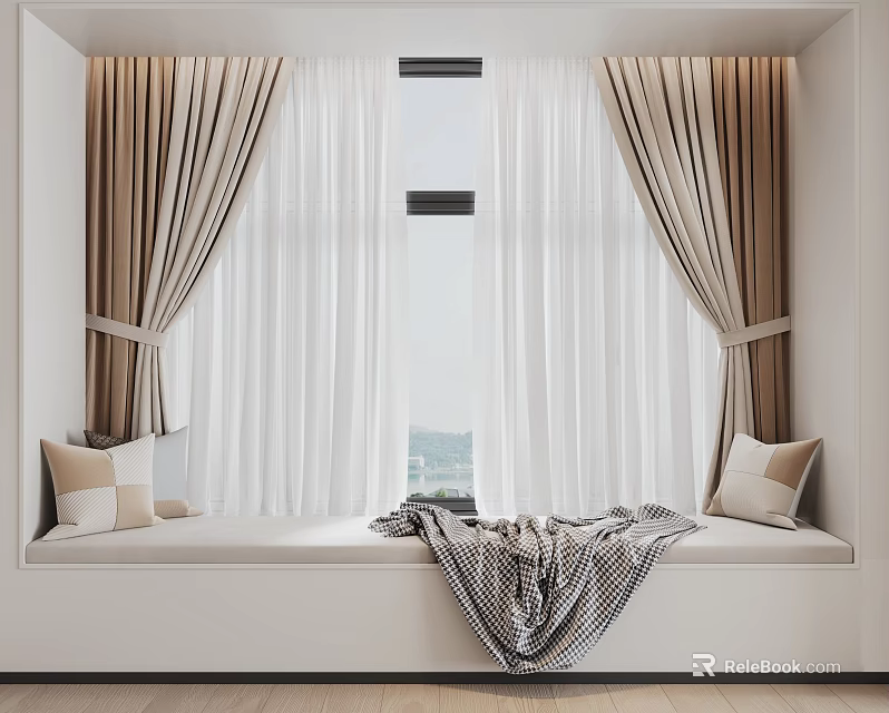 Cozy Modern Bay Window Seat With Pillows Blanket And Light Beige Curtains 3d model 