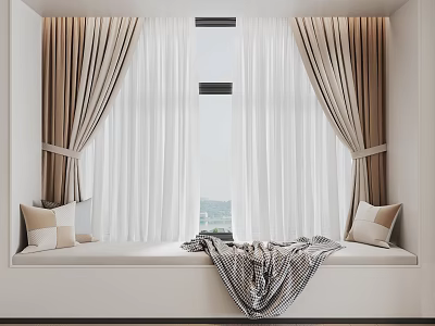 Cozy Modern Bay Window Seat With Pillows Blanket And Light Beige Curtains 3d model