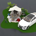 Outdoor Camping Scene With White Tent Car Green Plants And Grassy Area