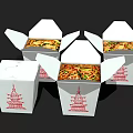 Delicious Noodles with Vegetables in Open Takeout Boxes Featuring Red Pagoda Design on White Containers