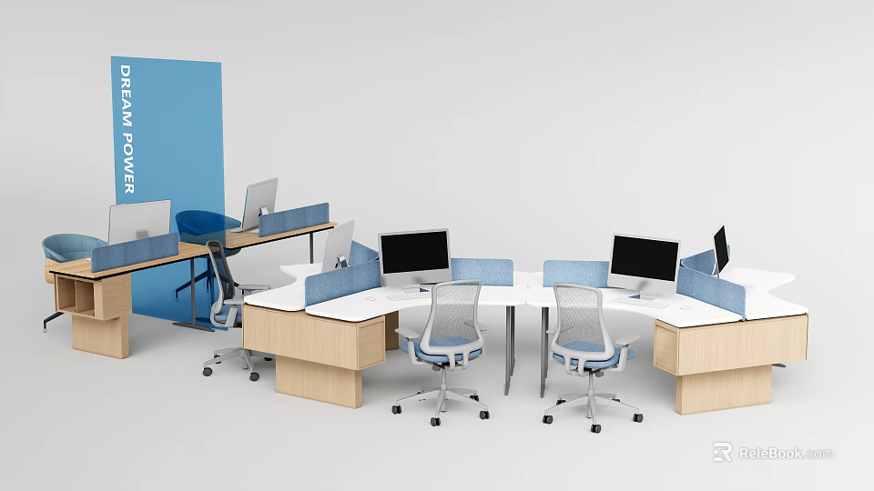 Modern Modular Shared Office Desks With Blue Privacy Partitions And Ergonomic Mesh Office Chairs 3d model 
