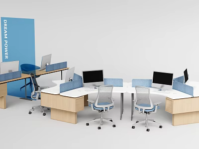 Modern Modular Shared Office Desks With Blue Privacy Partitions And Ergonomic Mesh Office Chairs 3d model